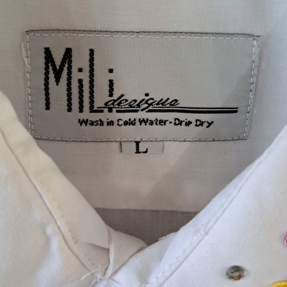 Mili Designs Women's Large White Long Sleeve Button Up Shirt Embroidered Floral - Picture 2 of 16